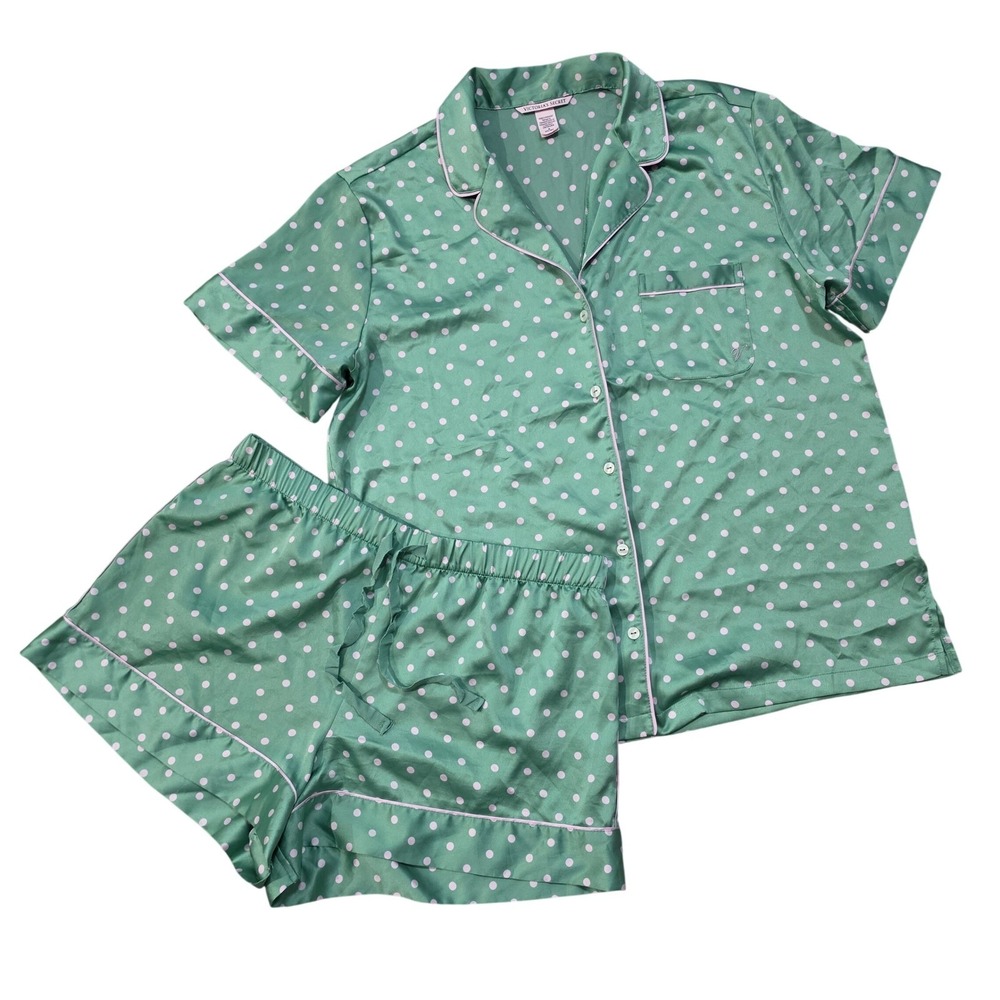 Victoria's Secret Green Polka Dot Satin Pajama Set Short Sleeve Button Up M